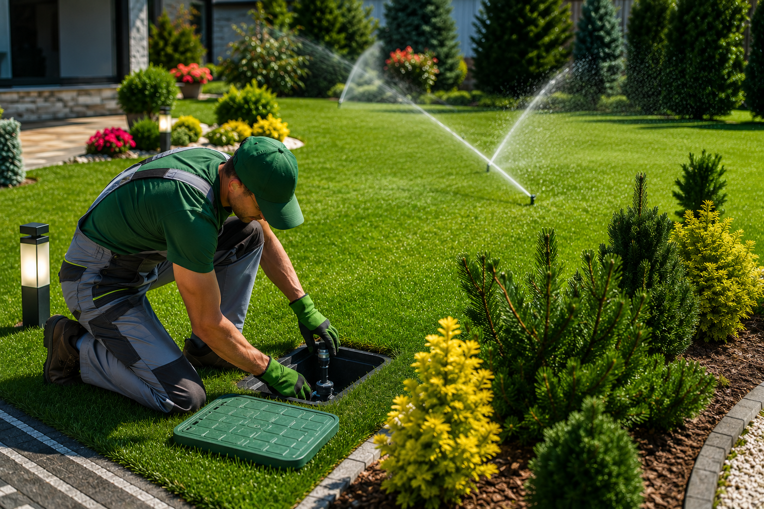 Green lawn with sprinkler system